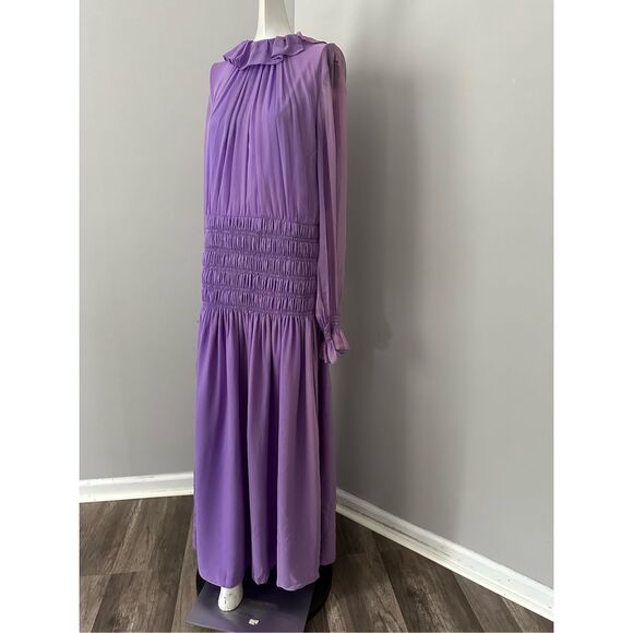 Adam Lippes Semi Sheer Silk Chiffon Ruffle Long-Sleeve Midi Dress Violet 10 $289 - Picture 5 of 14